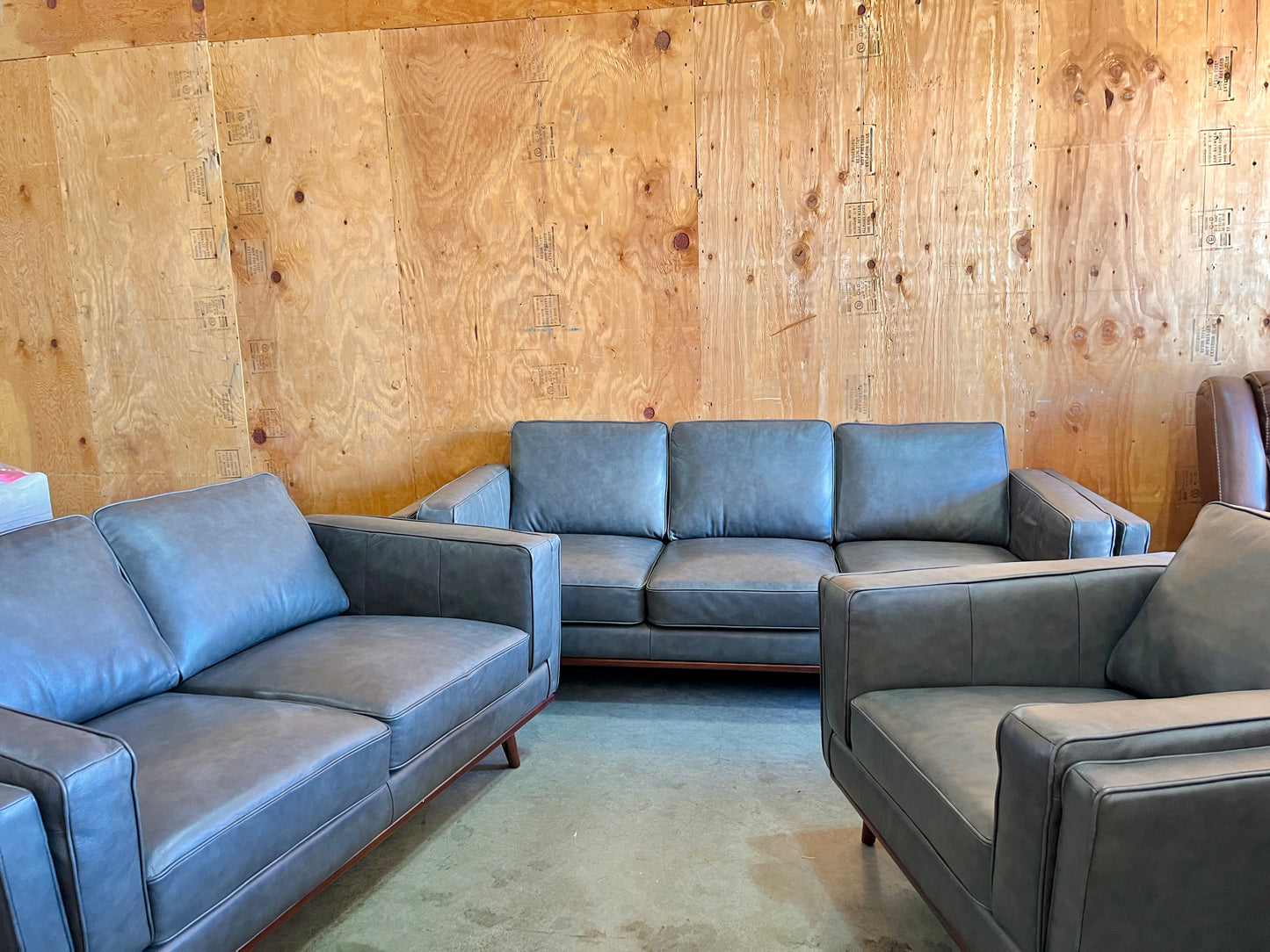 MCM Grey Leather Couch, Loveseat, and Chair Set - LIKE NEW!