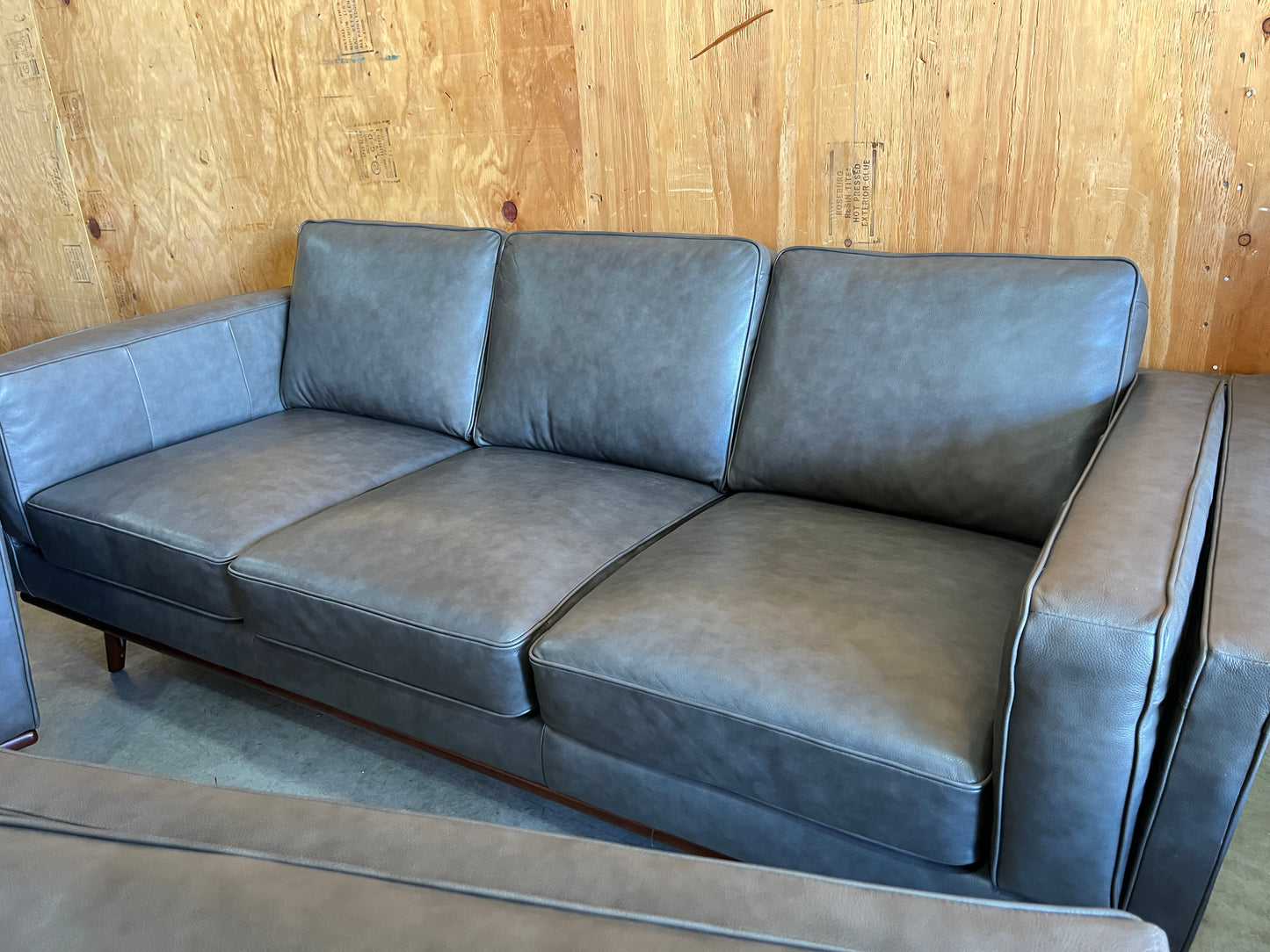 MCM Grey Leather Couch, Loveseat, and Chair Set - LIKE NEW!