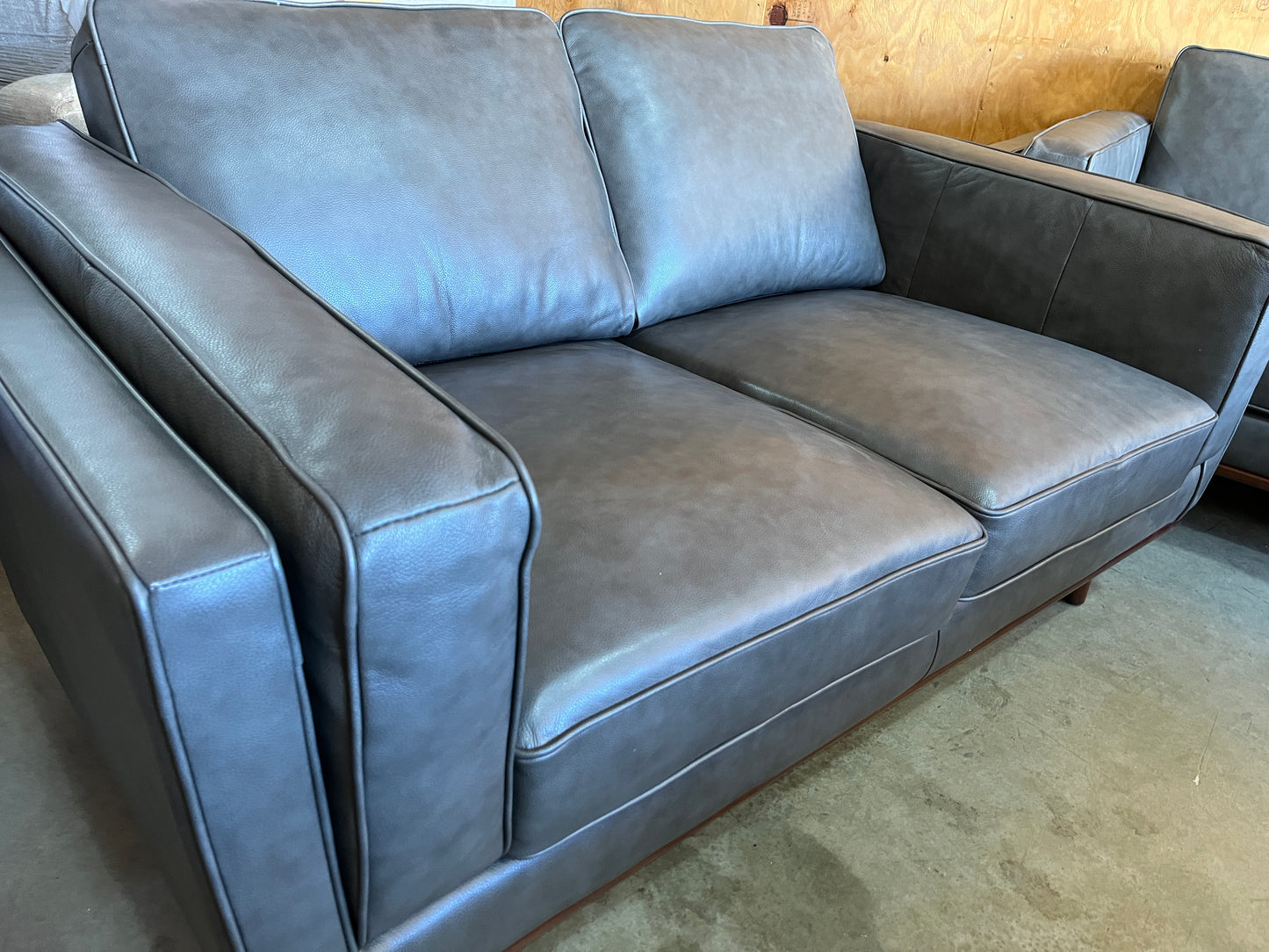 MCM Grey Leather Couch, Loveseat, and Chair Set - LIKE NEW!