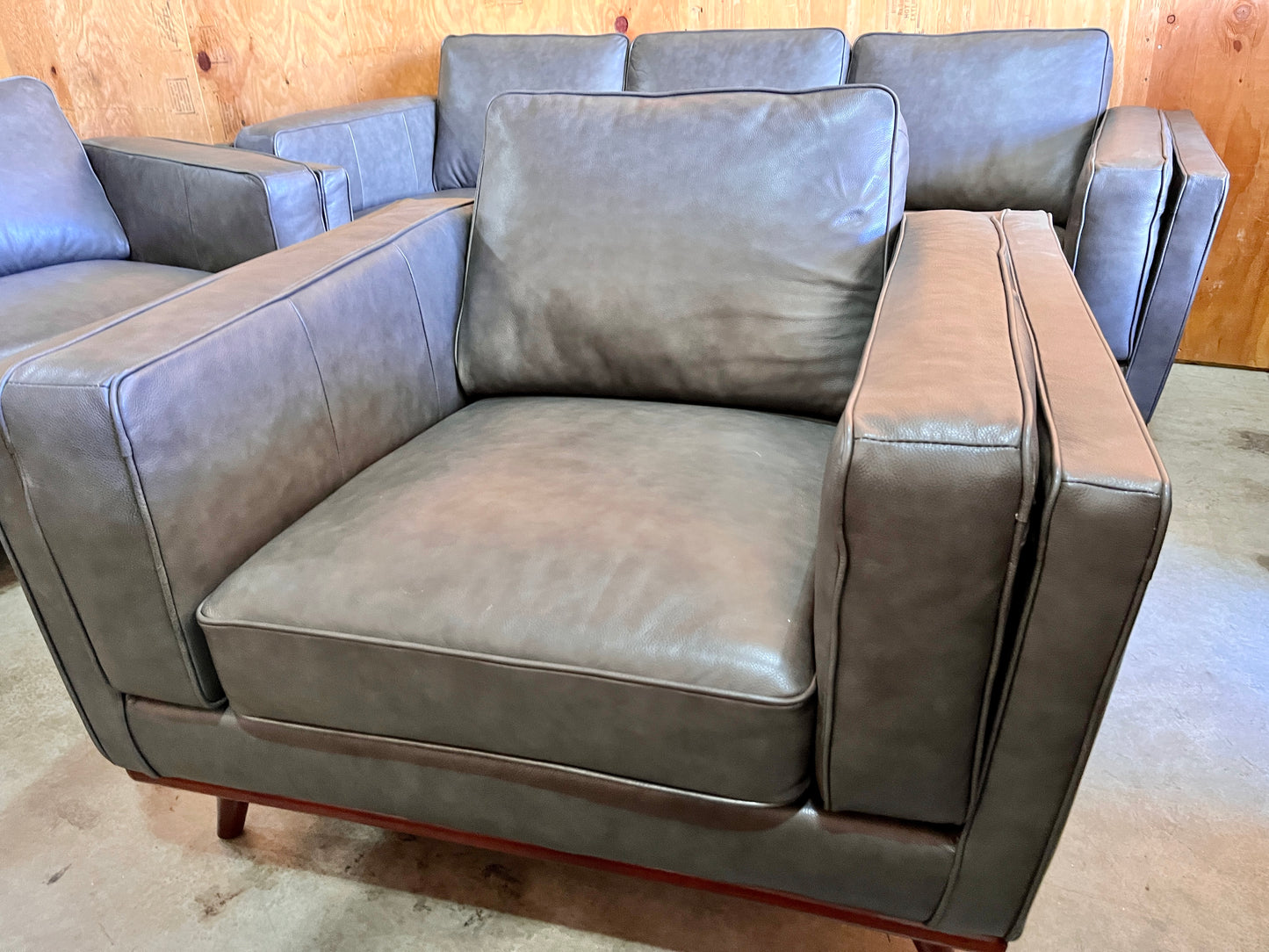 MCM Grey Leather Couch, Loveseat, and Chair Set - LIKE NEW!