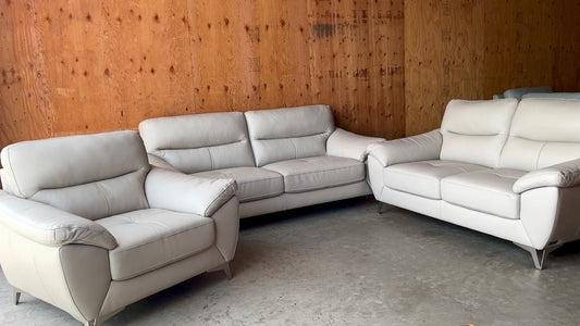 Beautiful Grey Leather Couch, Loveseat, and Chair Set